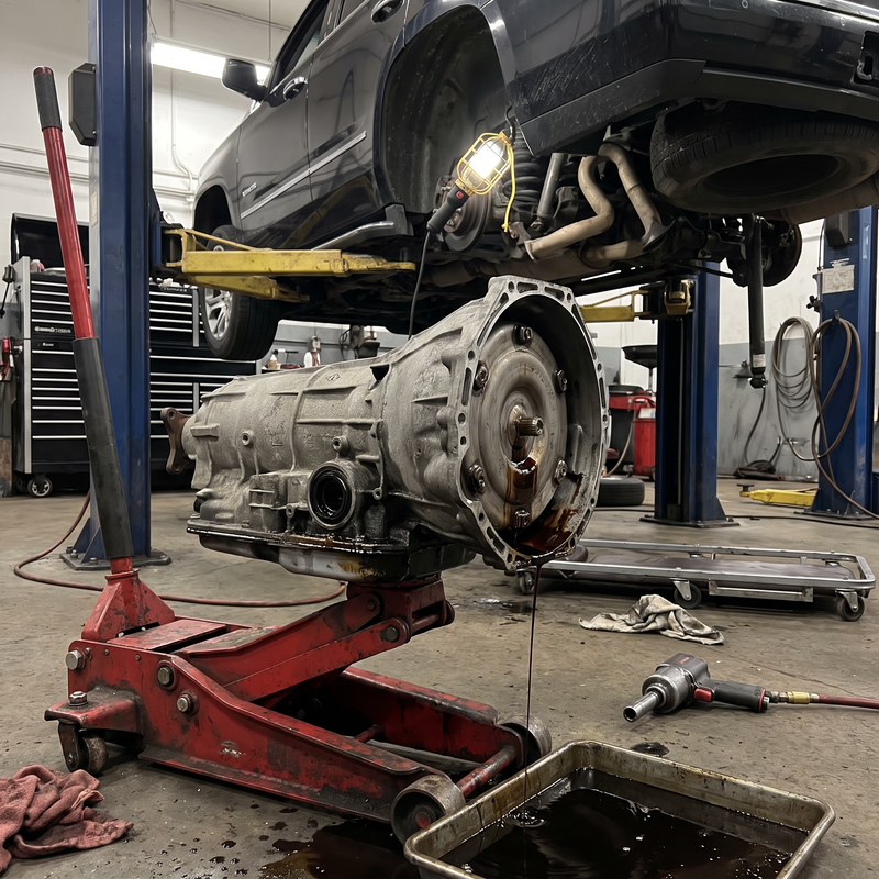 GM transmission pulled out on a jack dripping dark fluid